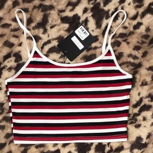 Striped top with adjustable straps. Red, white Blk